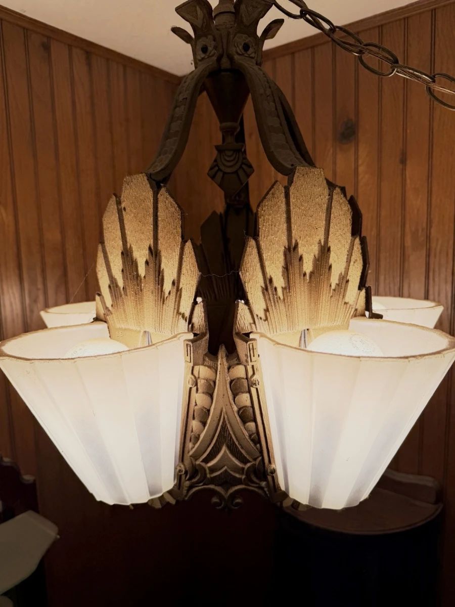 1930s Art Deco Williamson Beardslee chandelier with five frosted glass slip shades.