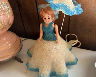 Melted plastic popcorn Southern belle doll lamp.