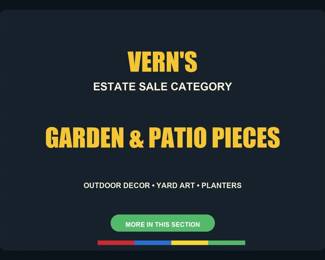 Garden & Patio Pieces divider. Photos after this card include outdoor decor, yard art, planters, birdbaths and garden figures.
