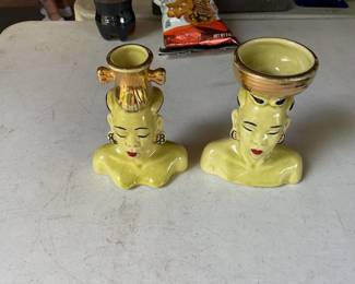 Ceramic Arts Studio chartreuse Comedy and Tragedy figural candle holders.