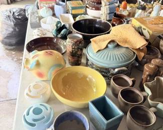 Large table grouping of pottery, crocks, vases, bowls and assorted small decor.