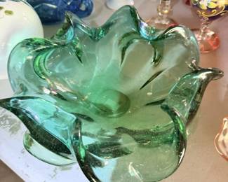 Large green ruffled art-glass bowl.