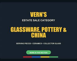 Glassware, Pottery & China divider. Photos after this card include serving pieces, art glass, pottery, china, marbles and tableware.