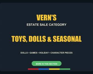 Toys, Dolls & Seasonal divider. Photos after this card include dolls, holiday decor, candy advertising collectibles, character pieces and toy lots.
