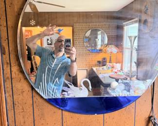 1930s Art Deco etched swan and beveled cobalt blue glass (great looking man in the background not included 🤣).