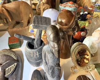 Wood and stone-look elephant herd and animal figure lot.