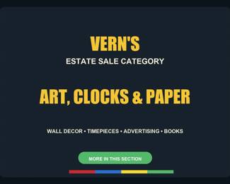 Art, Clocks & Paper divider. Photos after this card include wall art, clocks, books, advertising pieces and paper collectibles.
