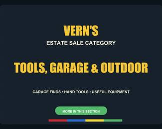 Tools, Garage & Outdoor divider. Photos after this card include garage finds, hand tools, outdoor equipment and useful household hardware.