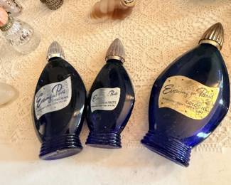 Cobalt-blue fish-shaped serving dishes/trays; coastal seafood tableware.