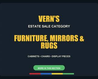 Furniture, Mirrors & Rugs divider. Photos after this card include cabinets, chairs, display pieces, mirrors and larger home furnishings.