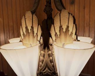 1930s Art Deco Williamson Beardslee chandelier with five frosted glass slip shades.