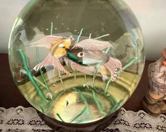 Aquarium-style glass paperweight with tropical fish scene.