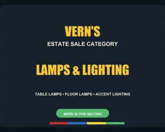 Lamps & Lighting divider. Photos after this card include table lamps, floor lamps, chandelier lighting and accent lighting pieces.
