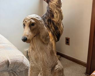 Large ceramic Afghan hound dog statue; statement decor.