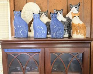 1980s folk art hand-painted ceramic cats.