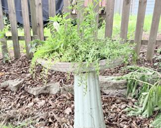 White pedestal birdbath or planter with greenery.