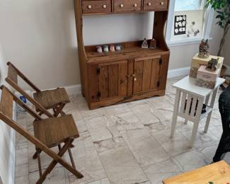 Cute hutch is 43" x 17" x 56". Cool vintage slat chairs
