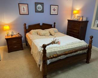 Queen size bedroom set, seldom used mattress, bed, dressers, and nightstand. Nice n clean! Pat Buckley Moss signed and framed artwork