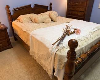 Bedding set is meant to look old but it is newer! Queen size bed, seldom used.