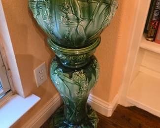 Antique Victorian Majolica jardiniere with a bamboo and floral motif on a stand