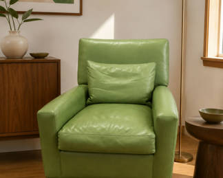 Lot 624: Pottery Barn Custom Leather Armchairs – Pistachio Green – Executive / Designer Seating