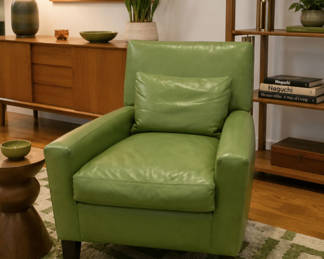 Lot 604: Pottery Barn Custom Leather Armchairs – Pistachio Green – Executive / Designer Seating