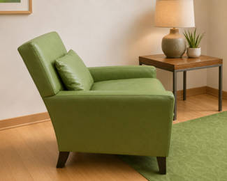 Lot 614: Pottery Barn Custom Leather Armchairs – Pistachio Green – Executive / Designer Seating