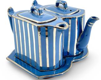 2pc Mid Century Modern Blue and Silver Teapots