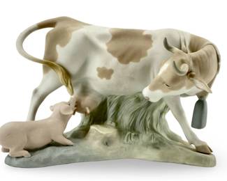 Vintage Lladro Porcelain Cow with Piglet Sculpture