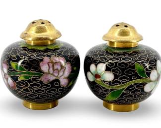 2pc Enameled Brass Chinese Cloisonné Spice Shakers