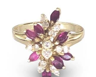 14Kt Yellow Gold Diamond Ruby Cluster Ring