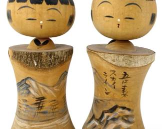 Signed Japanese Volcanic Skyline Wooden Dolls