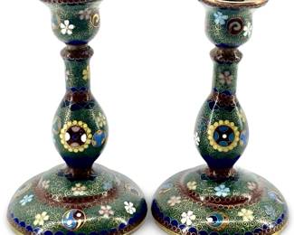 2pc Brass Meiji Japanese Cloisonné Candlesticks