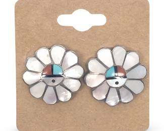 Pair 1960’s Zuni Sun Face Mother of Pearl Earrings