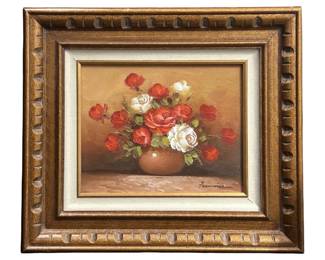 Signed Vintage Francoise Red & White Rose Oil