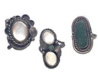 (3) Native American Mother of Pearl Silver Rings