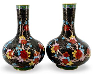 2pc Vintage Floral Enameled Cloisonné Vases