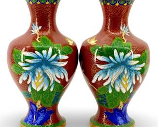 2pc Vintage Floral Enameled Red Cloisonné Vases