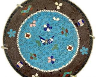 Vintage Asian Enameled Cloisonné Butterfly Plate