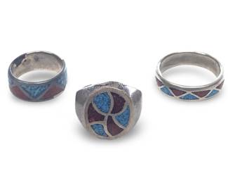 (3) Native American Crushed Turquoise Coral Rings