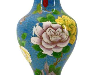 Vintage Floral Enameled Blue Cloisonné Vase