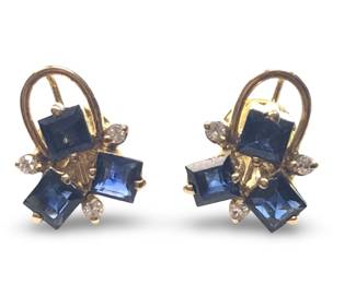 Pair 14Kt Yellow Gold Diamond Sapphire Earrings