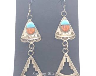 Pair Vintage Sterling Turquoise Inlay Earrings