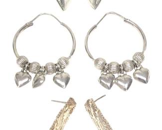 3 Pair Beautiful Sterling Silver Heart Earrings