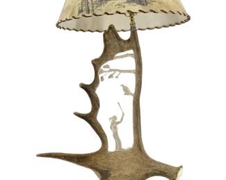 Carved Antler Lamp with Leather Elk Design Shade