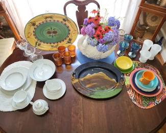 Sampling of Noritake and Fiesta china, milk and carnival glassware. Lenox plater 19"(winter greetings). Local Hand crafted earthen ware plater(Smokey mt. motif)