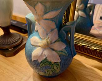 Roseville blue Clematis vase with handles