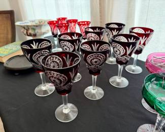 Set of antique Buzau Perla Lux Ruby red cut to clear/wheel cut glasses