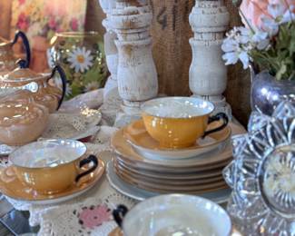 wooden candlesticks, floral art, Bavarian tea set