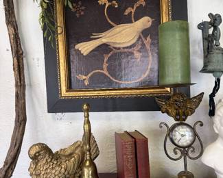 bird framed art, brass bell